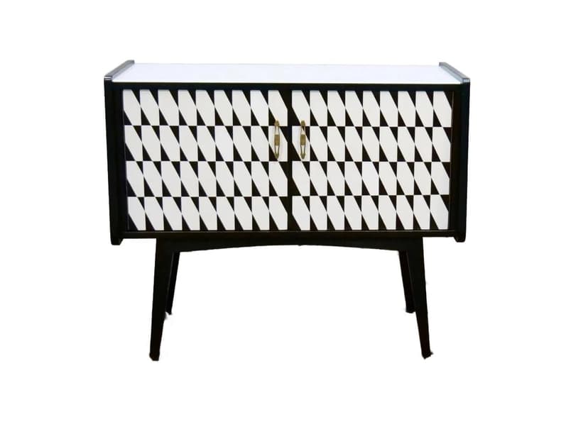 Komoda modernistyczna, czarna biała, drewno szkło, Polska, lata 70.
