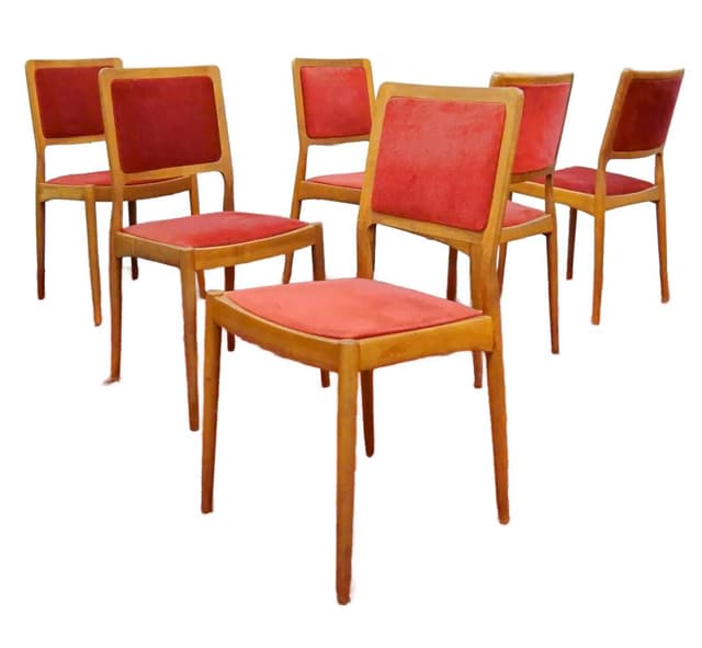 Komplet sześciu krzeseł, teak, velvet koralowy, Casala, Niemcy, lata 60. - WYMIARY