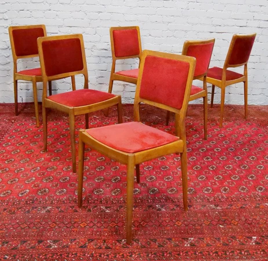 Komplet sześciu krzeseł, teak, velvet koralowy, Casala, Niemcy, lata 60. - 18876