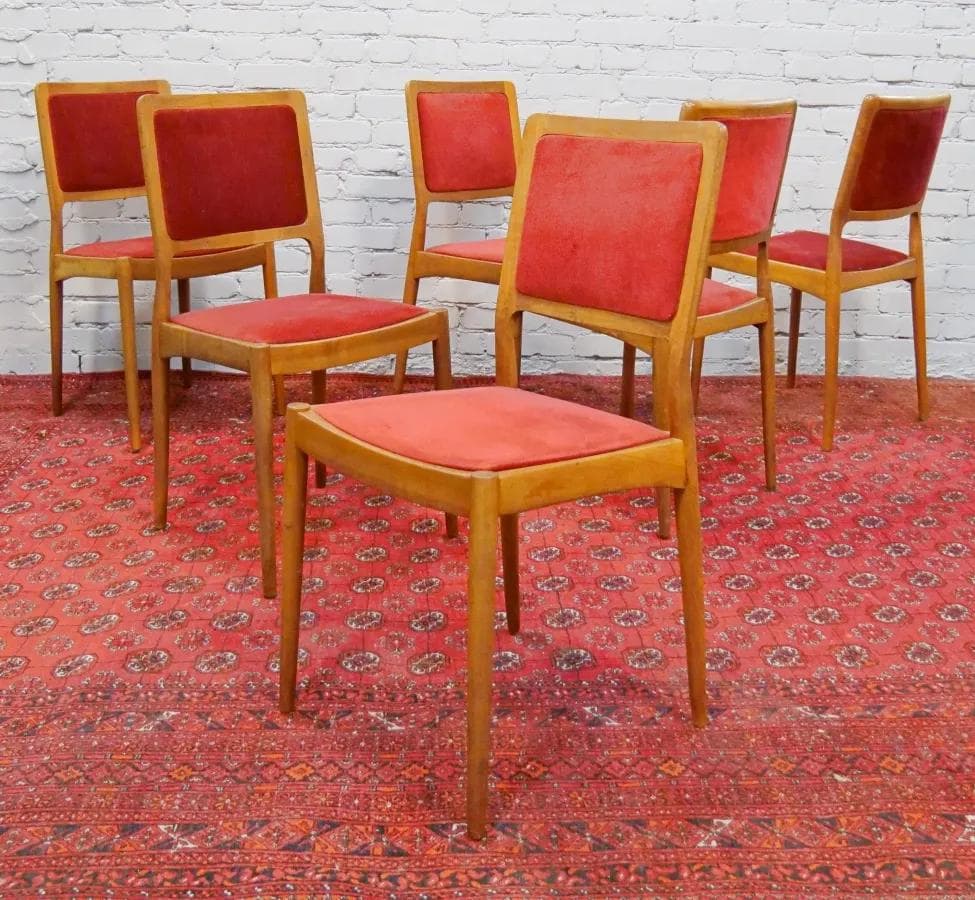 Komplet sześciu krzeseł, teak, velvet koralowy, Casala, Niemcy, lata 60. - 18875
