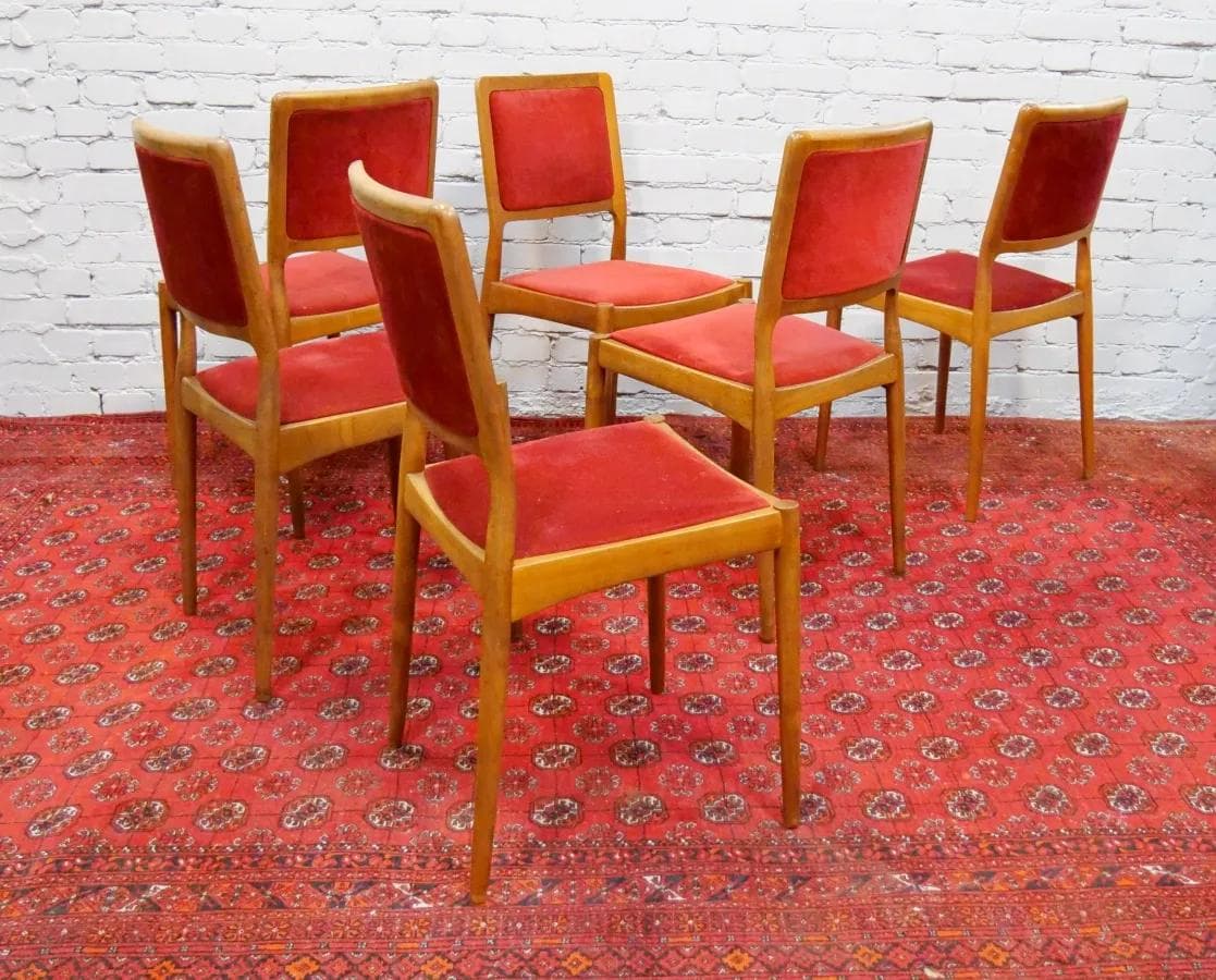 Komplet sześciu krzeseł, teak, velvet koralowy, Casala, Niemcy, lata 60. - 18878