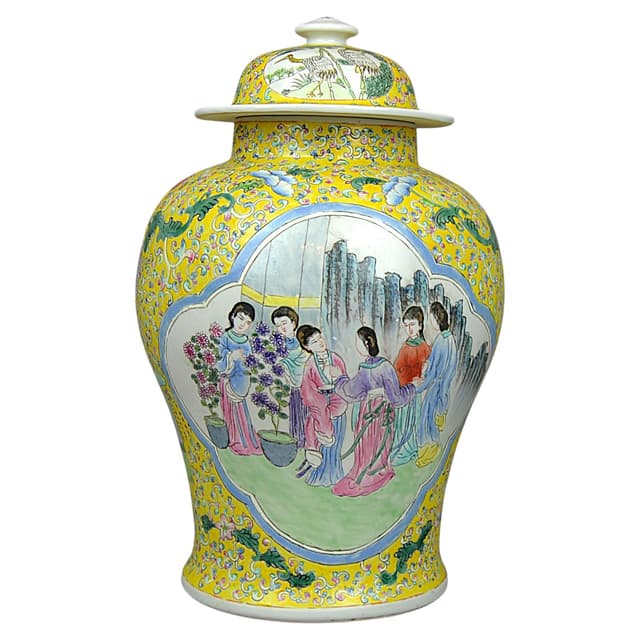 Waza kolumnowa z pokrywą, Famille Jaune, żółty, porcelana, Chiny, lata 80. - WYMIARY