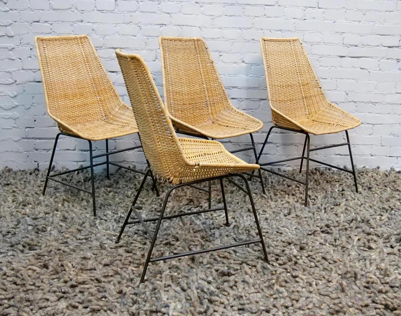 Set of four Basket chairs, brown rattan, black metal, by G. F. Legler, Italy, 1950s - 18839