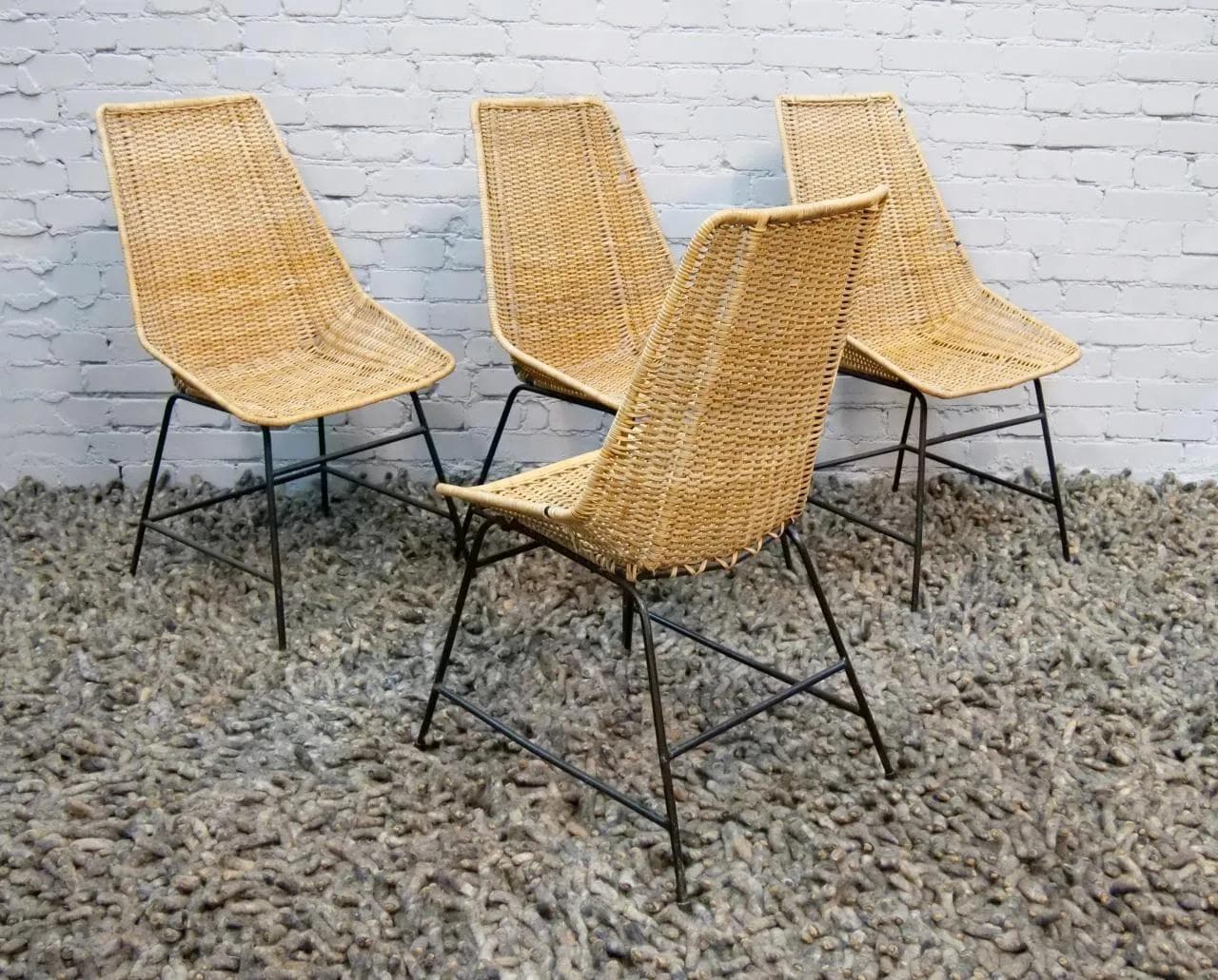 Set of four Basket chairs, brown rattan, black metal, by G. F. Legler, Italy, 1950s - 18837