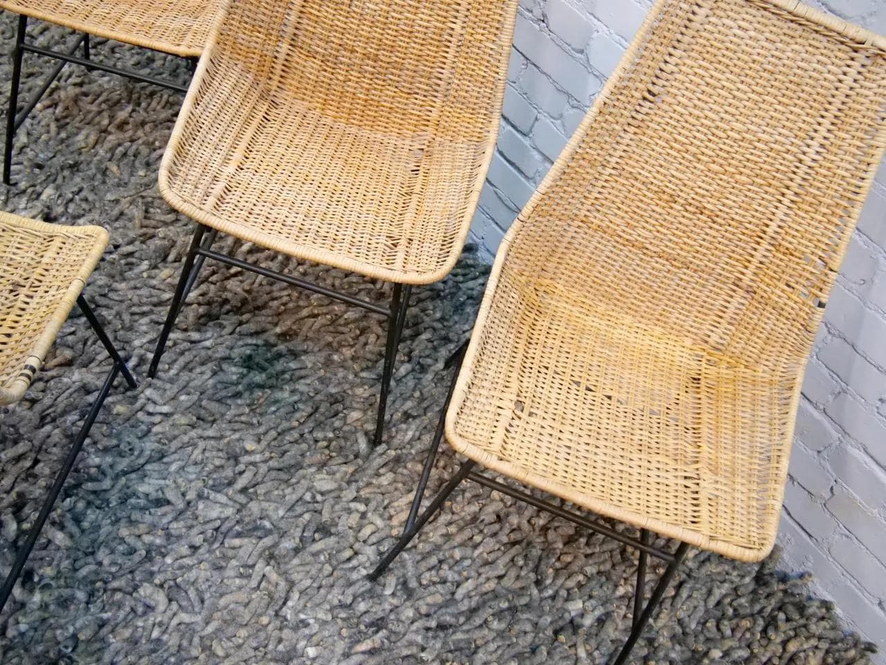 Set of four Basket chairs, brown rattan, black metal, by G. F. Legler, Italy, 1950s - 18838