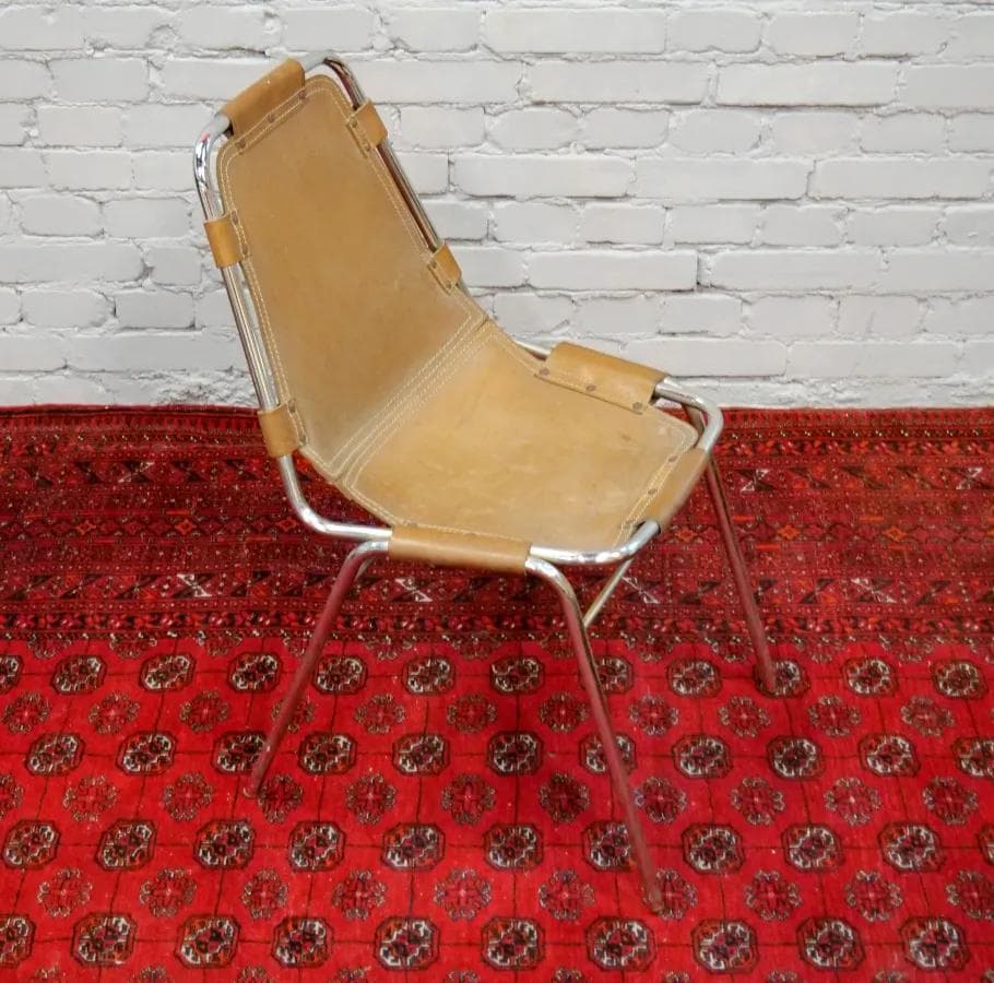 Krzesło Les Arcs, skóra jasnobrązowa, stal chromowana, proj. C. Perriand, Francja, lata 60. - 19001