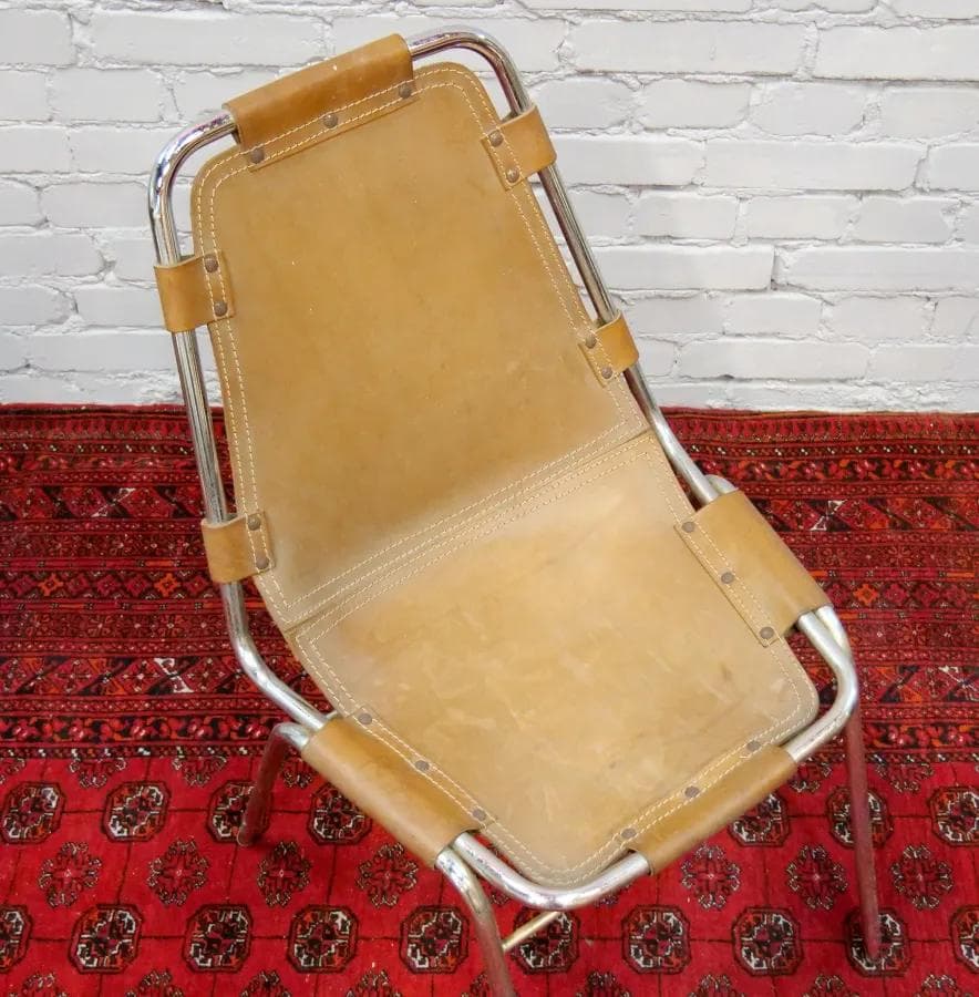 Krzesło Les Arcs, skóra jasnobrązowa, stal chromowana, proj. C. Perriand, Francja, lata 60. - 18995