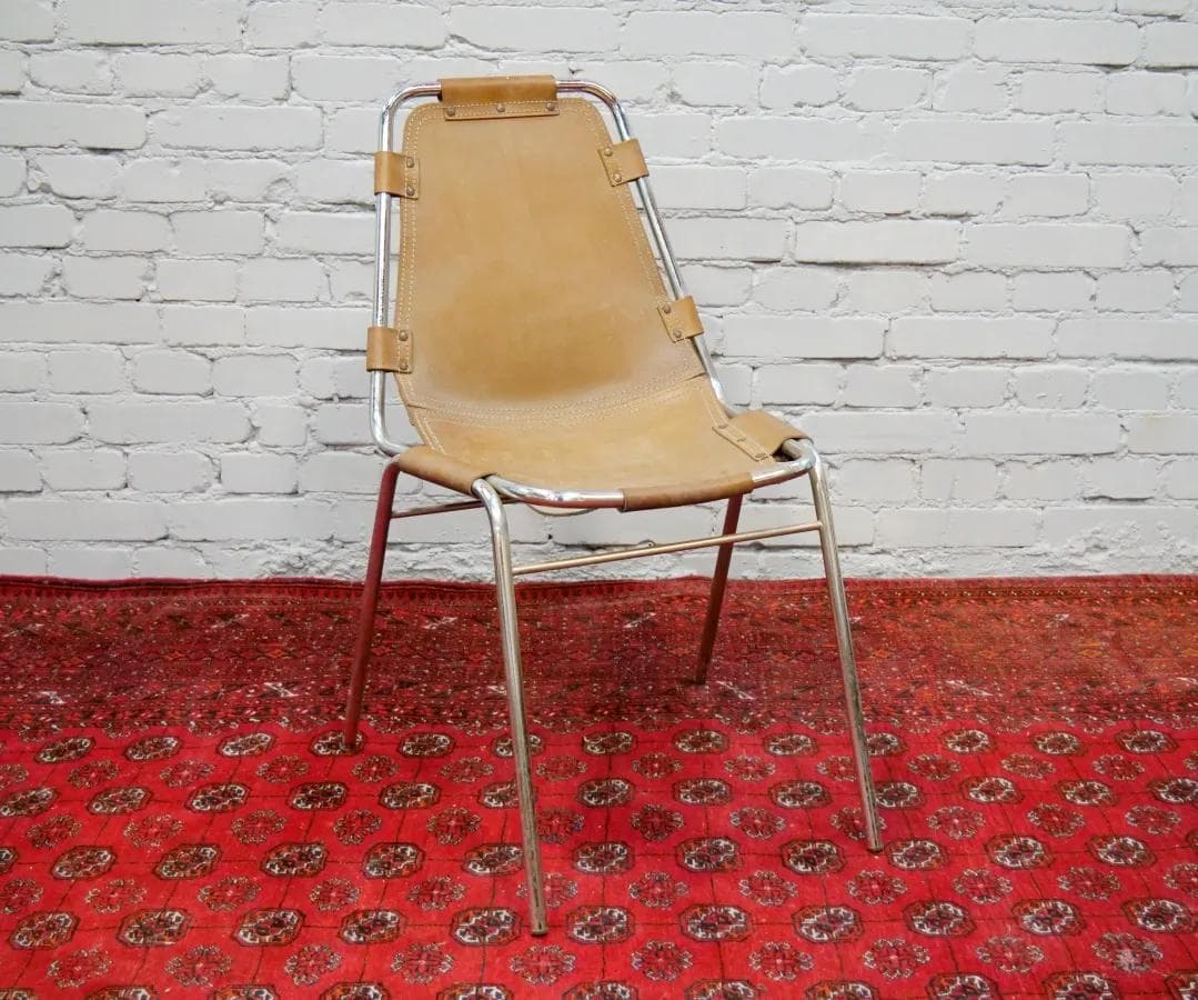 Krzesło Les Arcs, skóra jasnobrązowa, stal chromowana, proj. C. Perriand, Francja, lata 60. - 19000