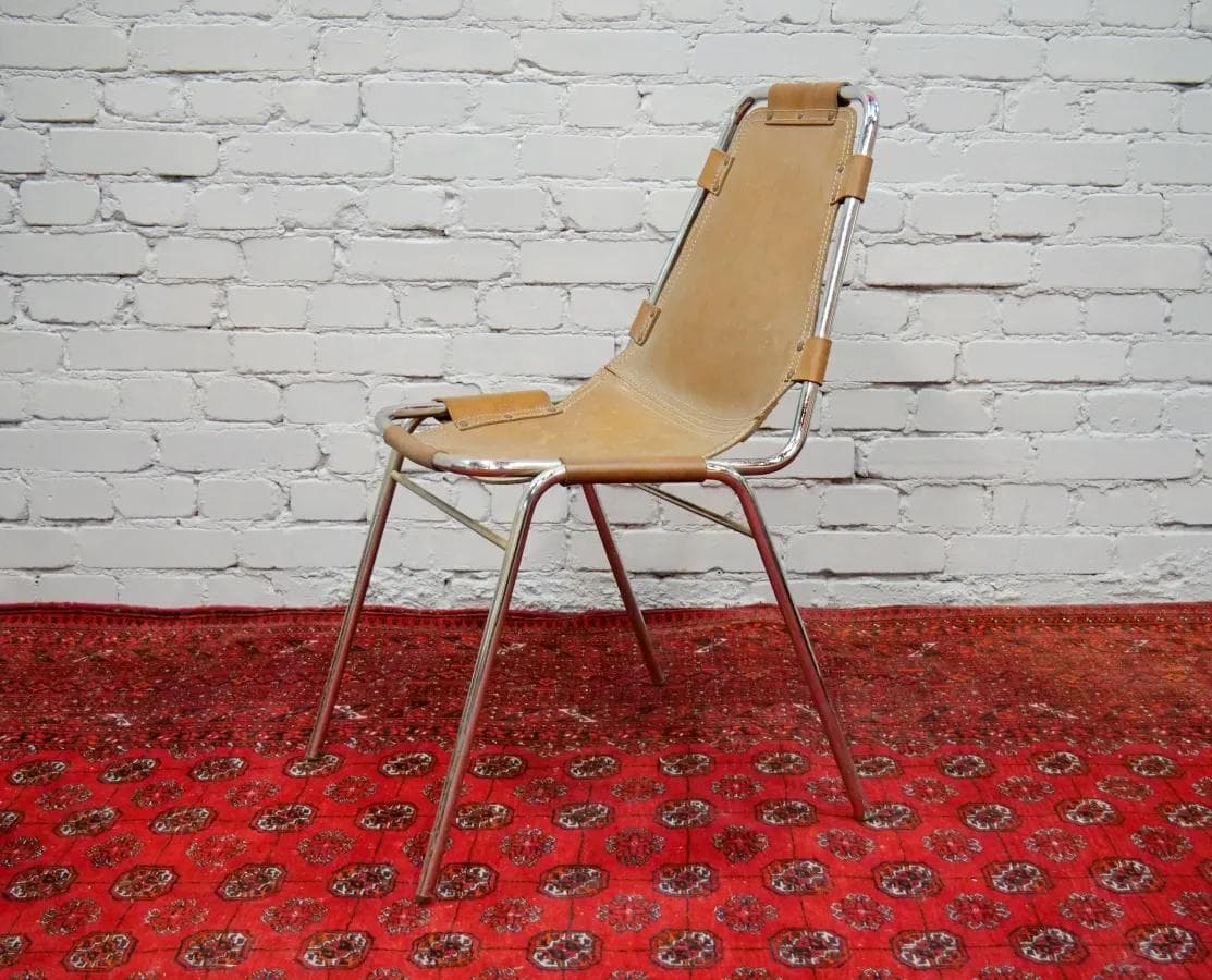 Krzesło Les Arcs, skóra jasnobrązowa, stal chromowana, proj. C. Perriand, Francja, lata 60. - 18999