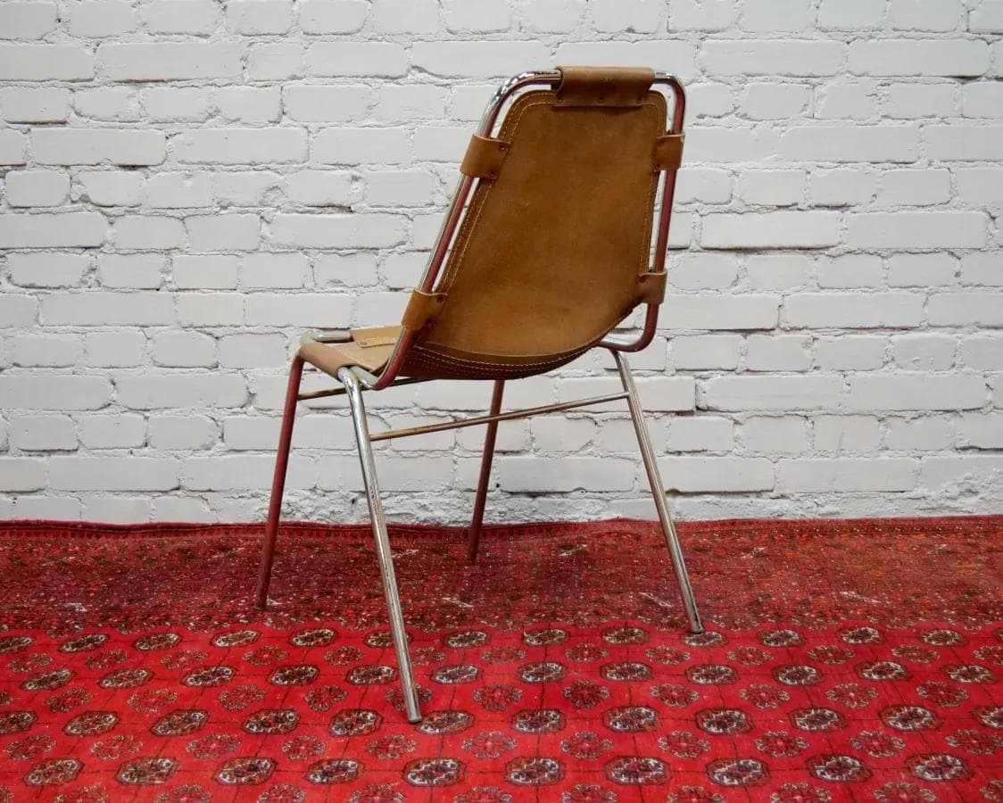 Krzesło Les Arcs, skóra jasnobrązowa, stal chromowana, proj. C. Perriand, Francja, lata 60. - 18998