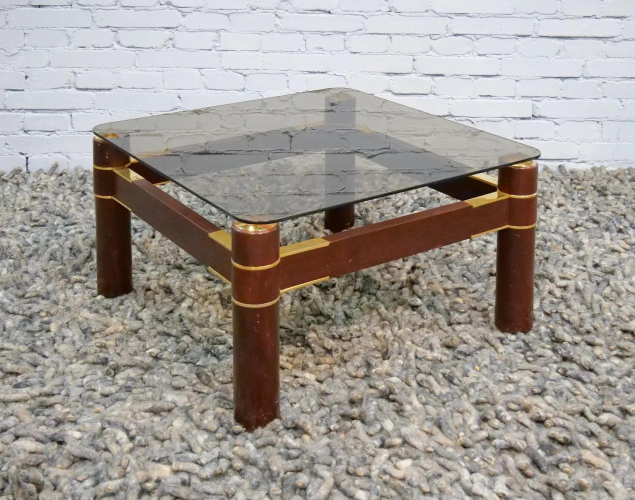 Coffee table, walnut brown, smoked glass, Italy, 1970s. - 18992