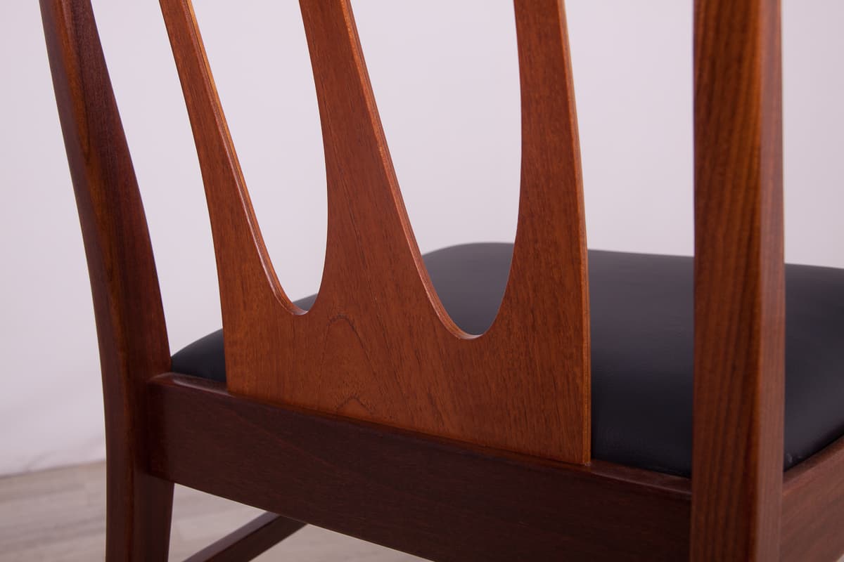 Set of four chairs Brasilia, brown teak, black leather, G-Plan, United Kingdom, 1950s. - 261524