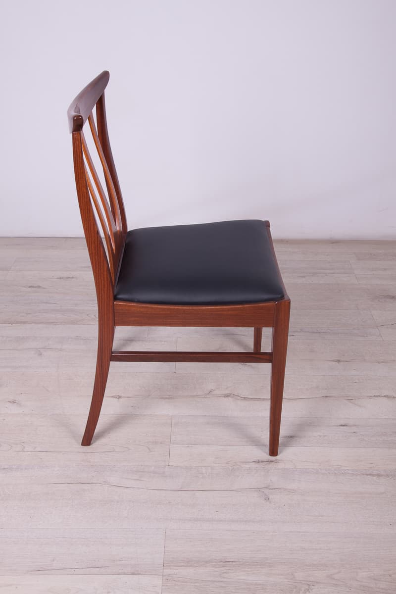 Set of four chairs Brasilia, brown teak, black leather, G-Plan, United Kingdom, 1950s. - 261519