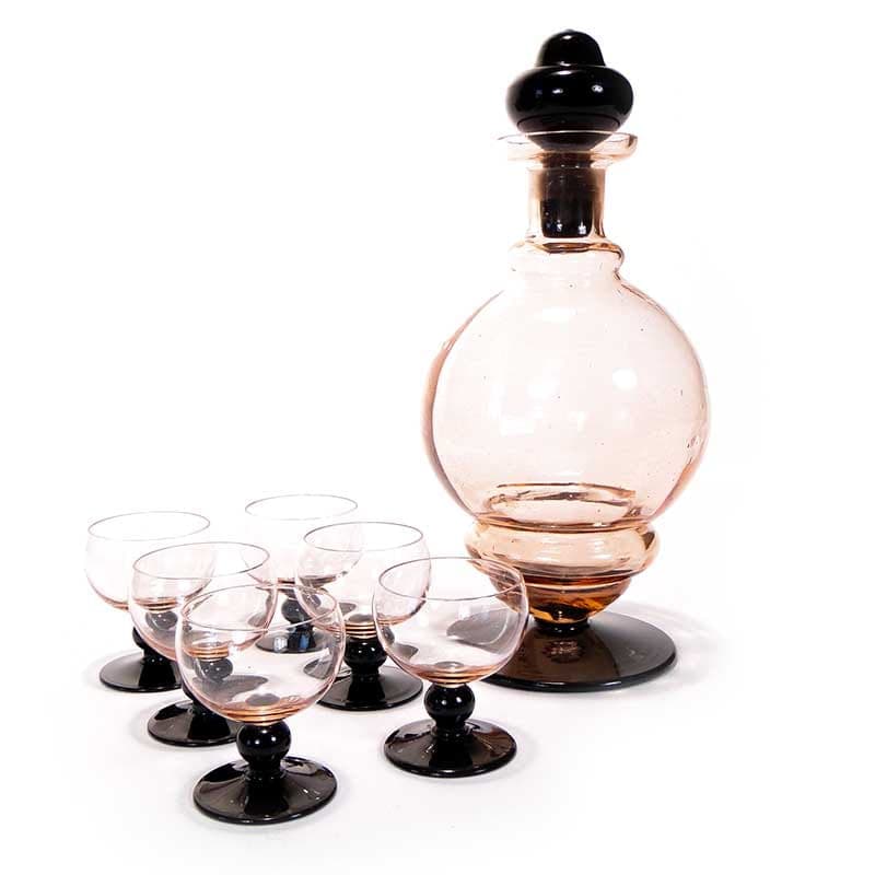 Liqueur Set Art Deco, pink glass, Huta Szkła Inwald, Poland, 1930s. - 261531