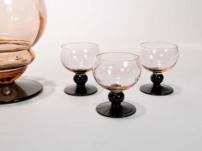 Liqueur Set Art Deco, pink glass, Huta Szkła Inwald, Poland, 1930s. - 261534