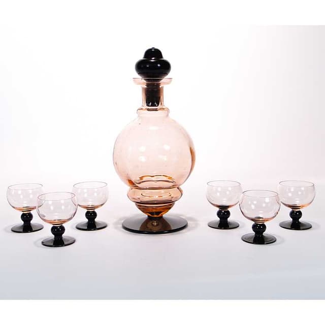 Liqueur Set Art Deco, pink glass, Huta Szkła Inwald, Poland, 1930s. - DIMENSION