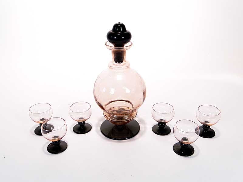 Liqueur Set Art Deco, pink glass, Huta Szkła Inwald, Poland, 1930s. - 261537