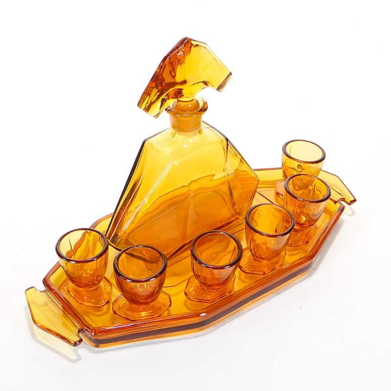 Liqueur set Art Deco, orange glass, by R. Schrotter, Huta Szkła Inwald, Czech Republic, 1930s. - 261575