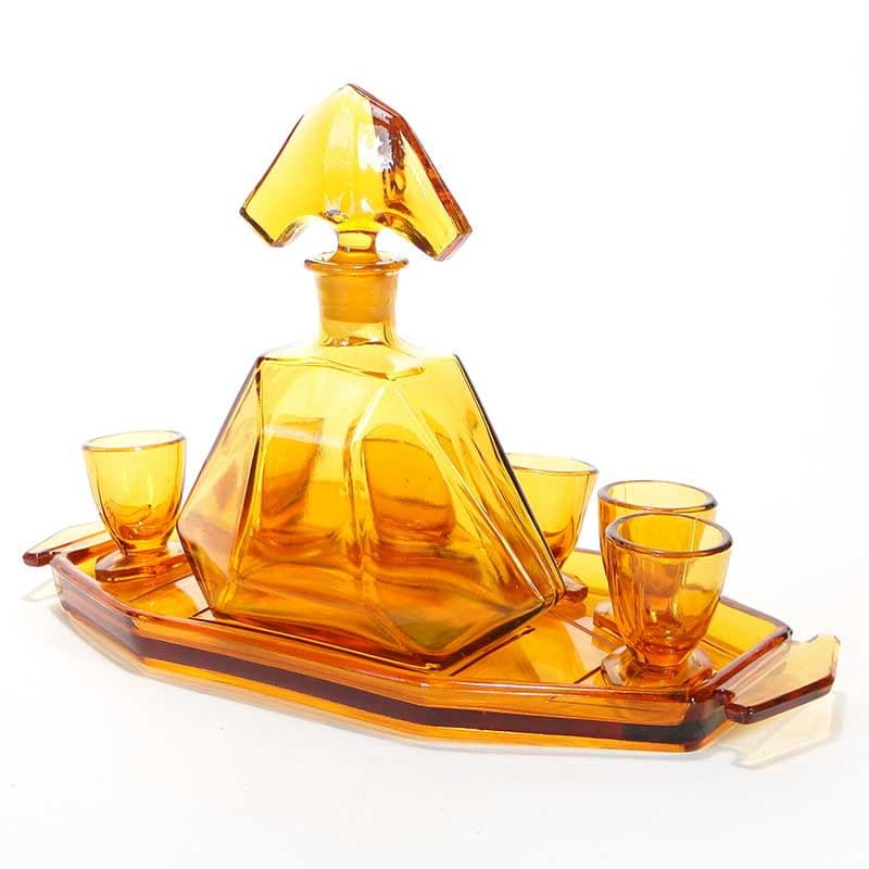 Liqueur set Art Deco, orange glass, by R. Schrotter, Huta Szkła Inwald, Czech Republic, 1930s. - 261577