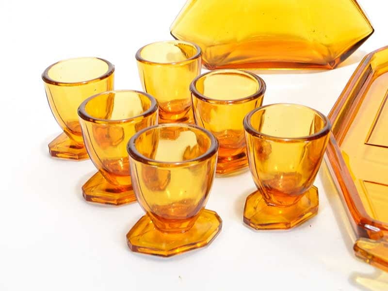 Liqueur set Art Deco, orange glass, by R. Schrotter, Huta Szkła Inwald, Czech Republic, 1930s. - 261580