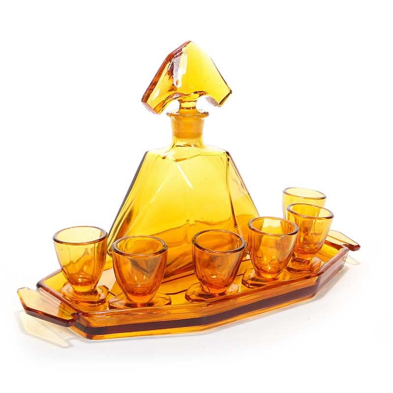 Liqueur set Art Deco, orange glass, by R. Schrotter, Huta Szkła Inwald, Czech Republic, 1930s. - 261574