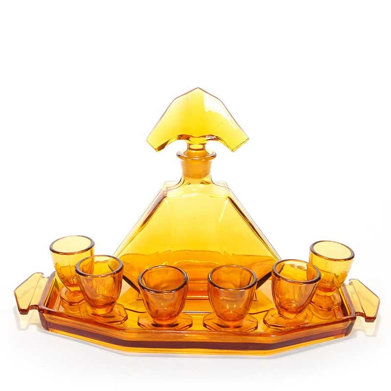 Liqueur set Art Deco, orange glass, by R. Schrotter, Huta Szkła Inwald, Czech Republic, 1930s.