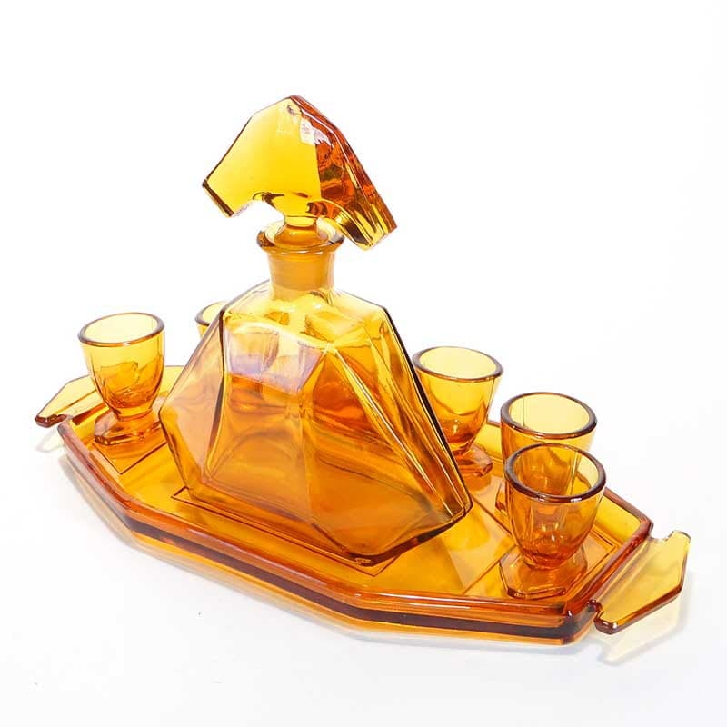 Liqueur set Art Deco, orange glass, by R. Schrotter, Huta Szkła Inwald, Czech Republic, 1930s. - 261578