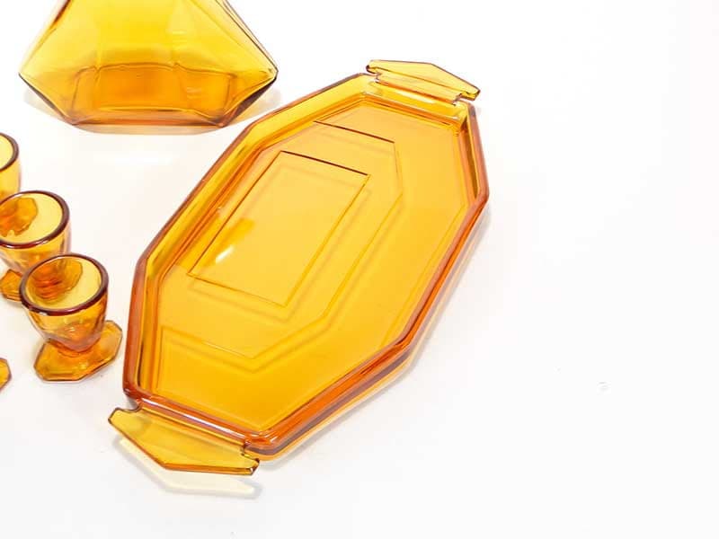 Liqueur set Art Deco, orange glass, by R. Schrotter, Huta Szkła Inwald, Czech Republic, 1930s. - 261573