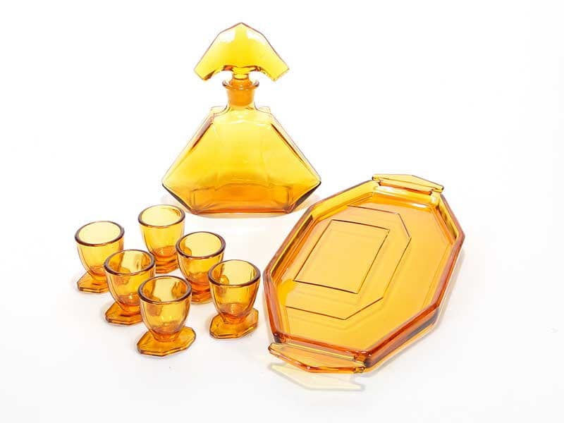 Liqueur set Art Deco, orange glass, by R. Schrotter, Huta Szkła Inwald, Czech Republic, 1930s. - 261579