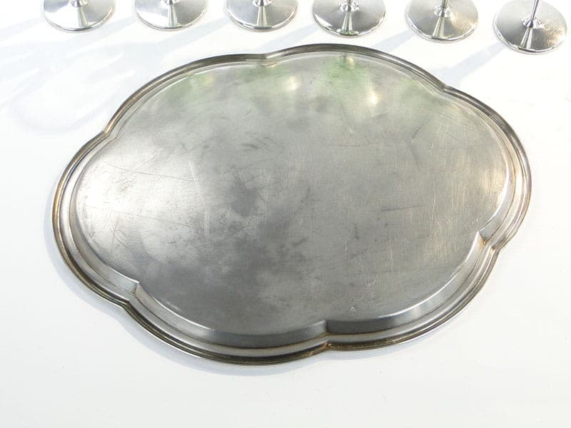 Komplet kieliszków do likieru Art Deco, kryształ zielony, mosiądz srebrzony, Słowacja, lata 20. - 261608