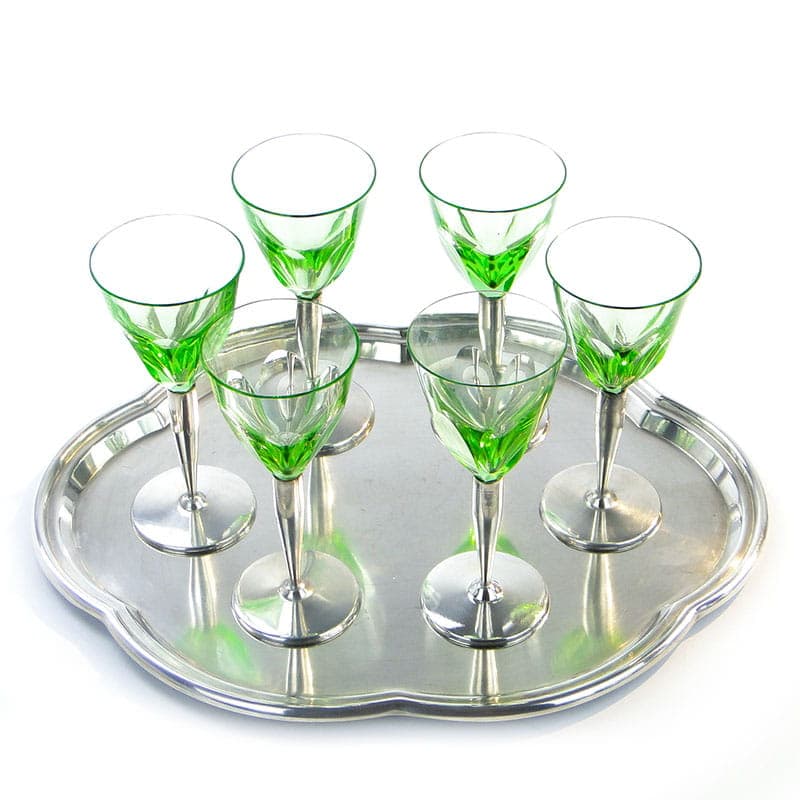 Komplet kieliszków do likieru Art Deco, kryształ zielony, mosiądz srebrzony, Słowacja, lata 20. - 261616