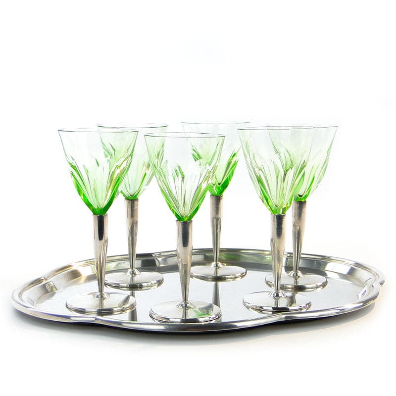 Komplet kieliszków do likieru Art Deco, kryształ zielony, mosiądz srebrzony, Słowacja, lata 20.