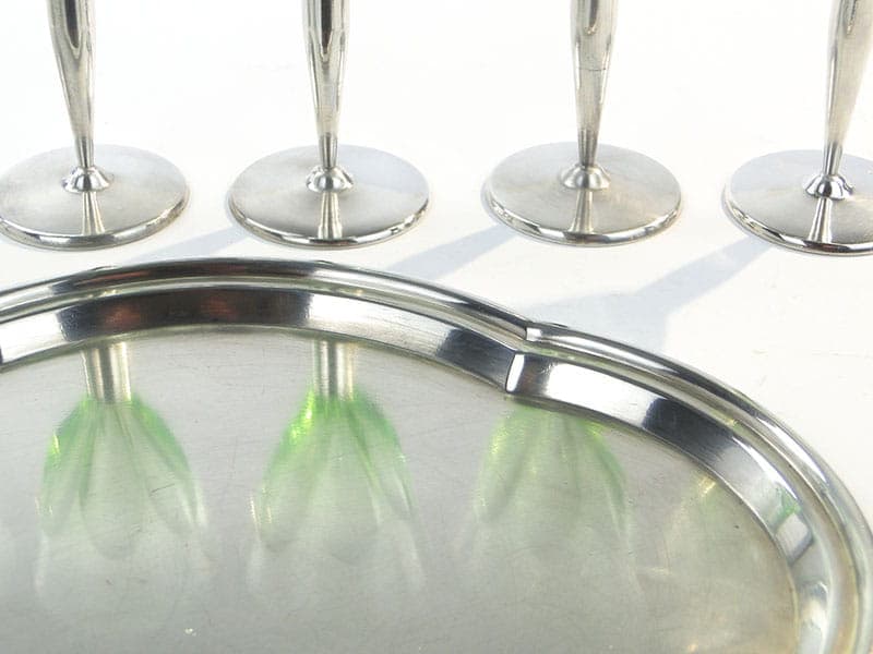 Komplet kieliszków do likieru Art Deco, kryształ zielony, mosiądz srebrzony, Słowacja, lata 20. - 261607