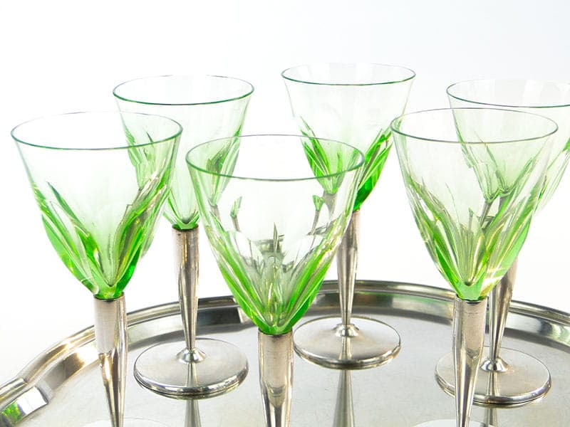 Komplet kieliszków do likieru Art Deco, kryształ zielony, mosiądz srebrzony, Słowacja, lata 20. - 261614