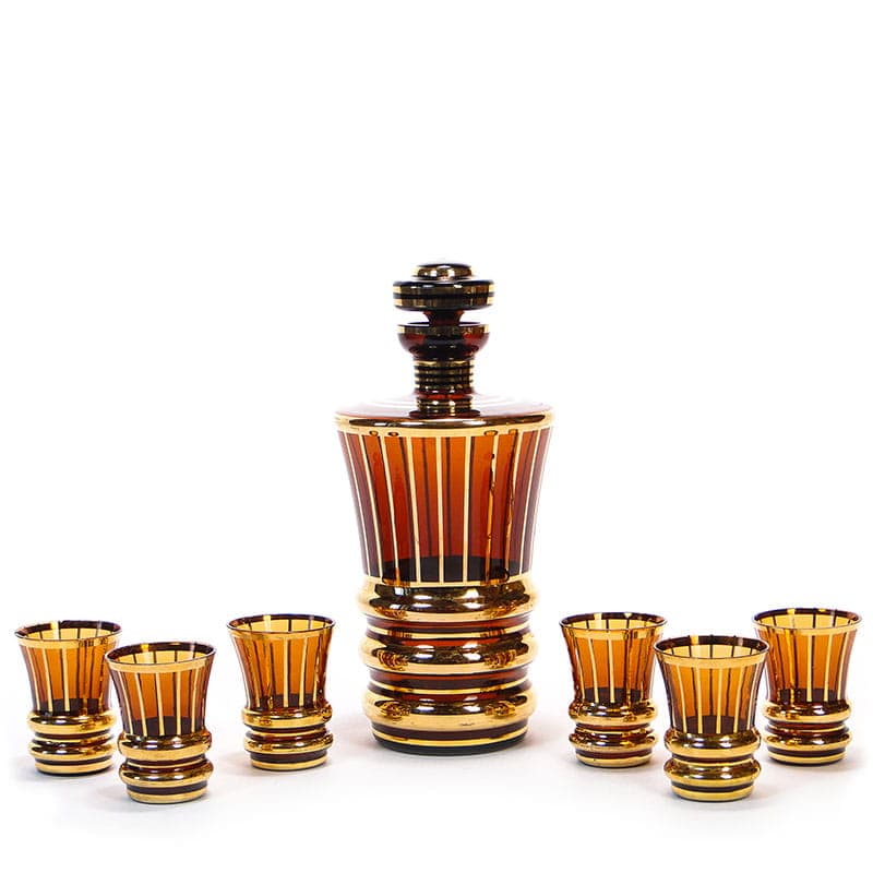 Serwis likierowy, szkło złoty, Czechosłowacja, lata 50.