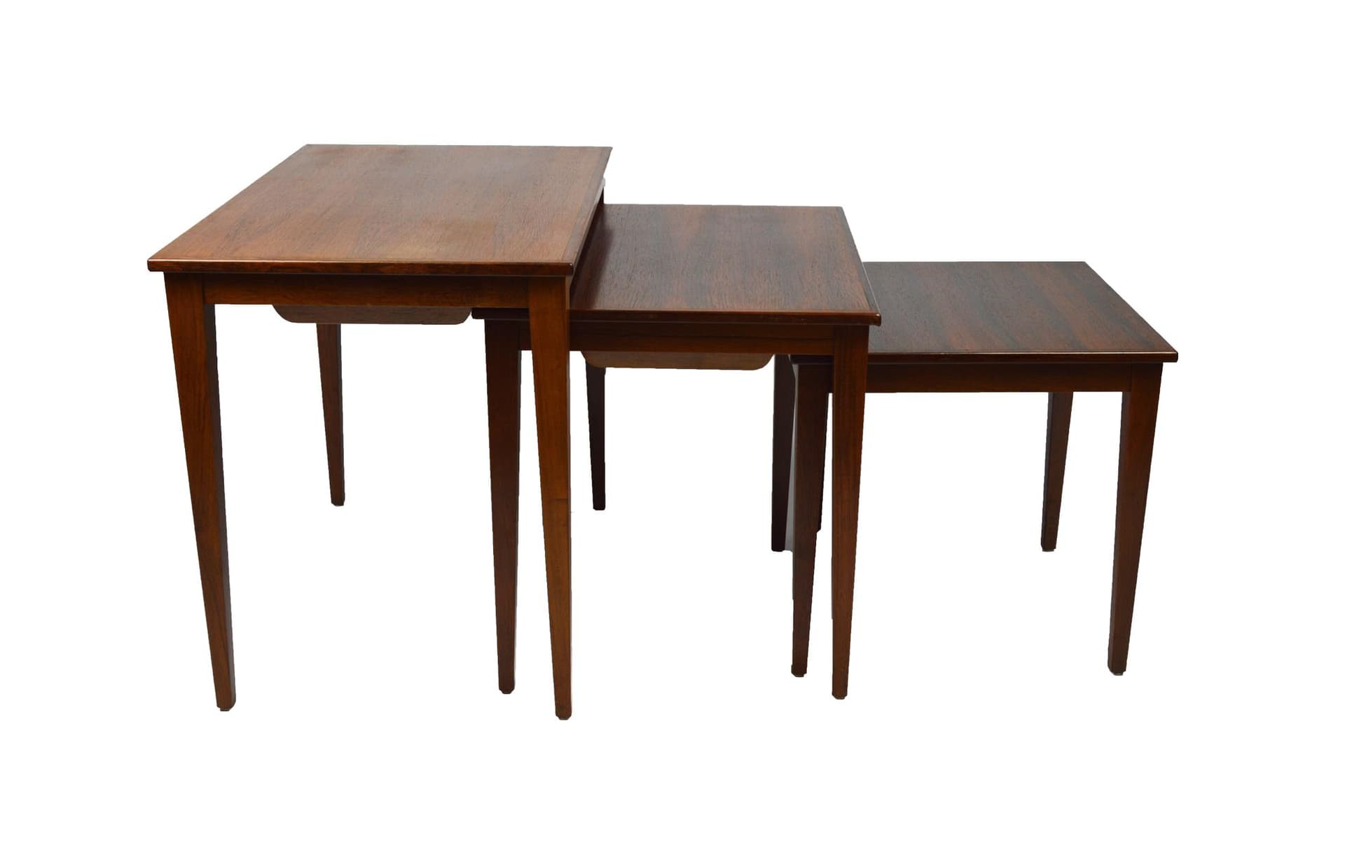 Set of three side tables, brown wood, 1970s.