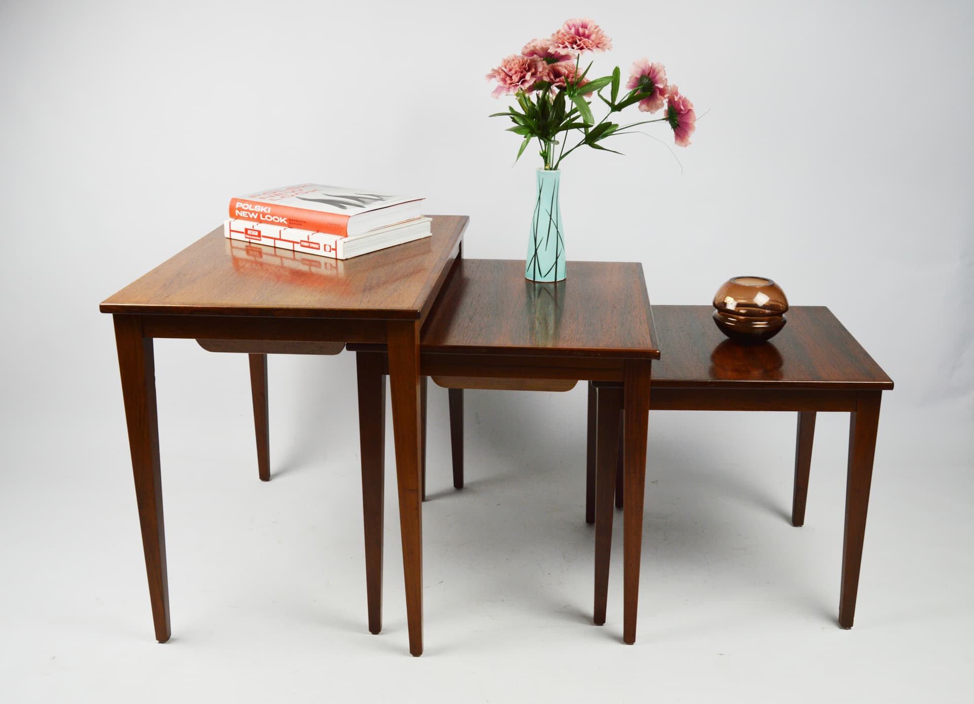 Set of three side tables, brown wood, 1970s. - 261652