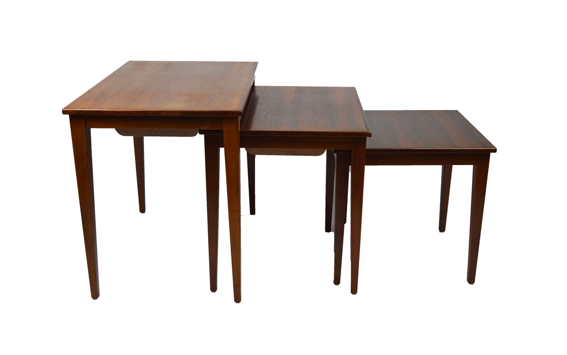 Set of three side tables, brown wood, 1970s. - 261654