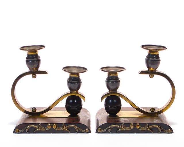 Para świeczników art deco, ebonit czarny, mosiądz złoty, Niemcy, lata 40. - WYMIARY