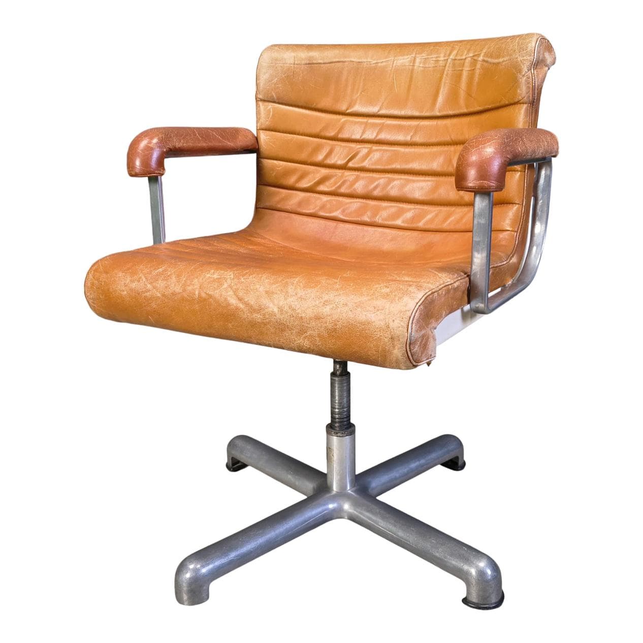 Office chair K Series, brown leather, aluminium, by E. Sottsass, Poltronova, Italy, 1970s.