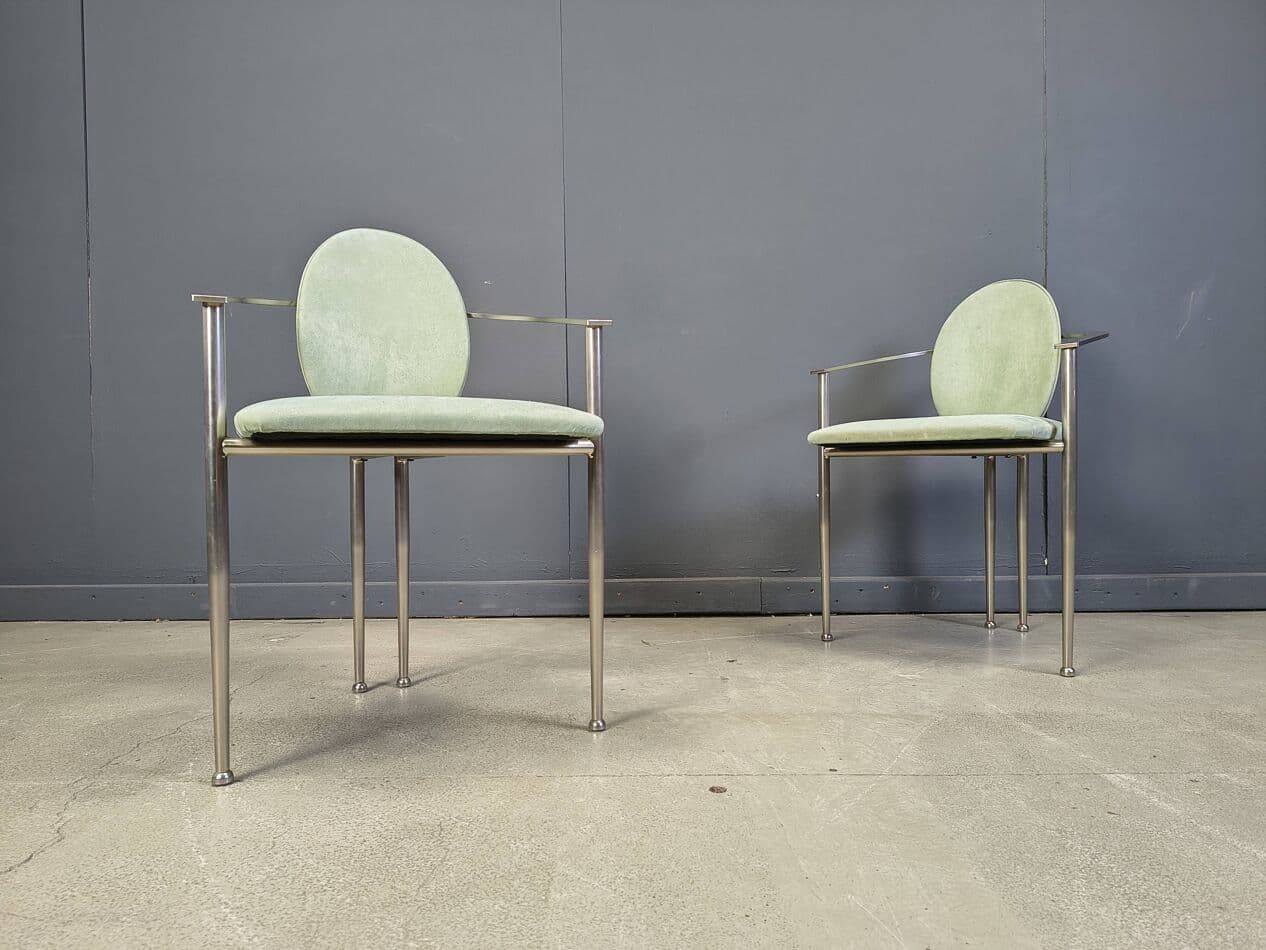 Zestaw sześciu krzeseł jadalnianych, alcantara zielona, stal szczotkowana, Belgia, lata 80. - 275696