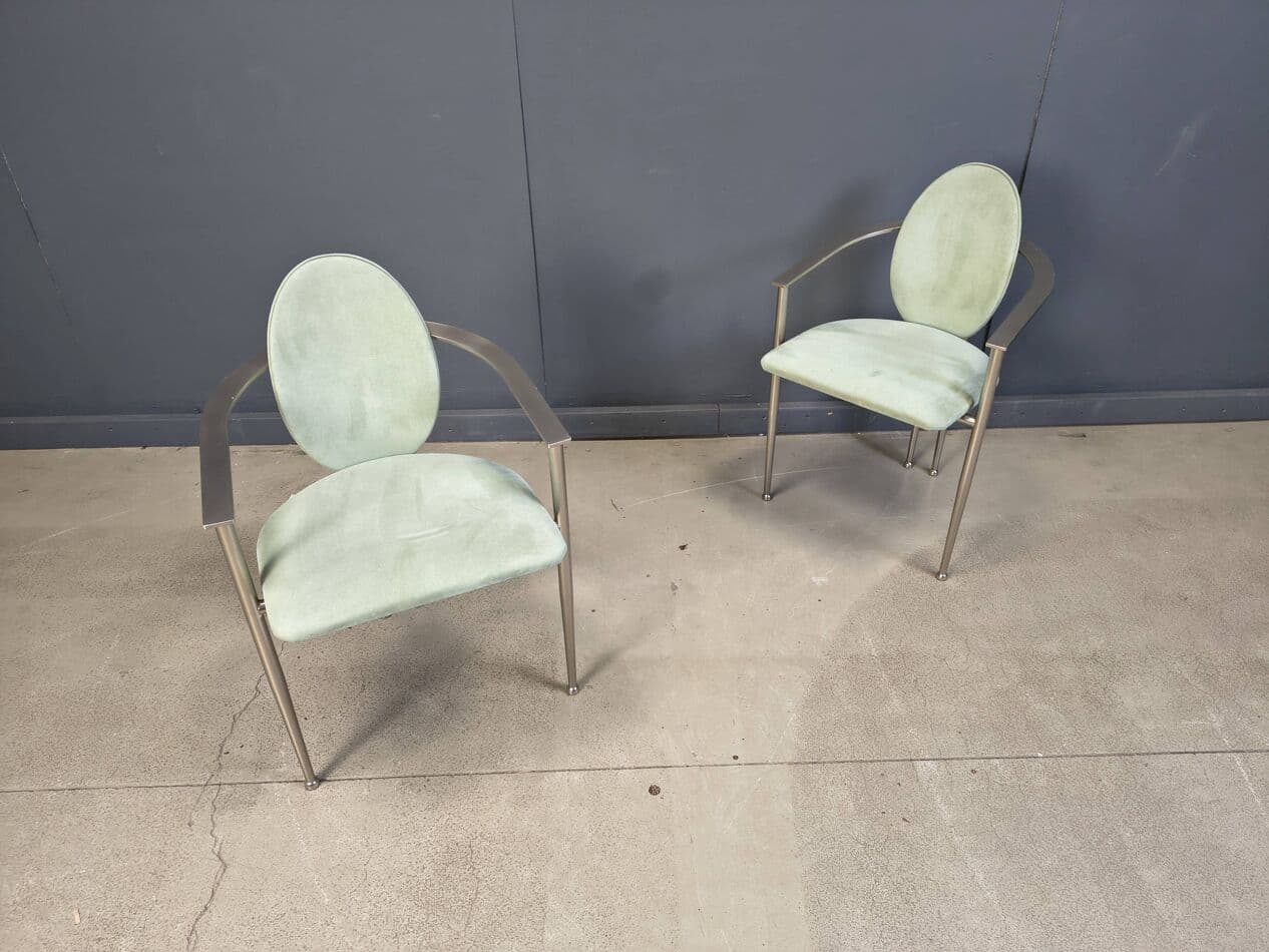 Zestaw sześciu krzeseł jadalnianych, alcantara zielona, stal szczotkowana, Belgia, lata 80. - 275698