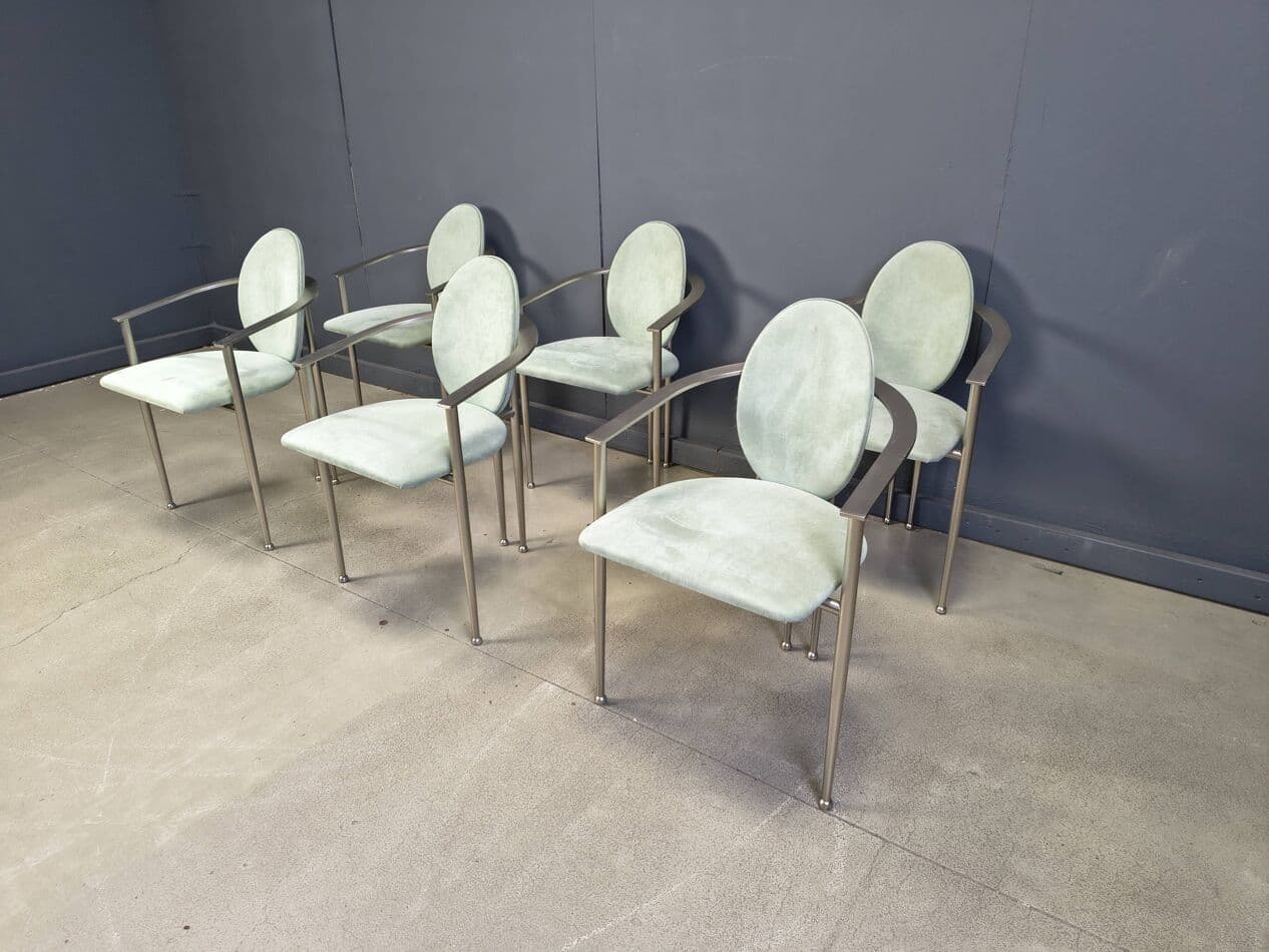 Zestaw sześciu krzeseł jadalnianych, alcantara zielona, stal szczotkowana, Belgia, lata 80. - 275688