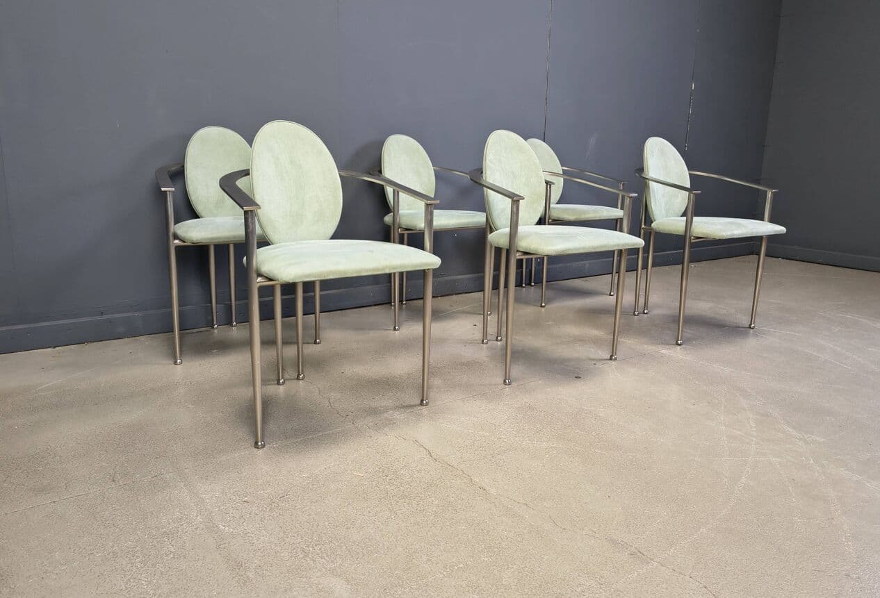 Zestaw sześciu krzeseł jadalnianych, alcantara zielona, stal szczotkowana, Belgia, lata 80. - 275689
