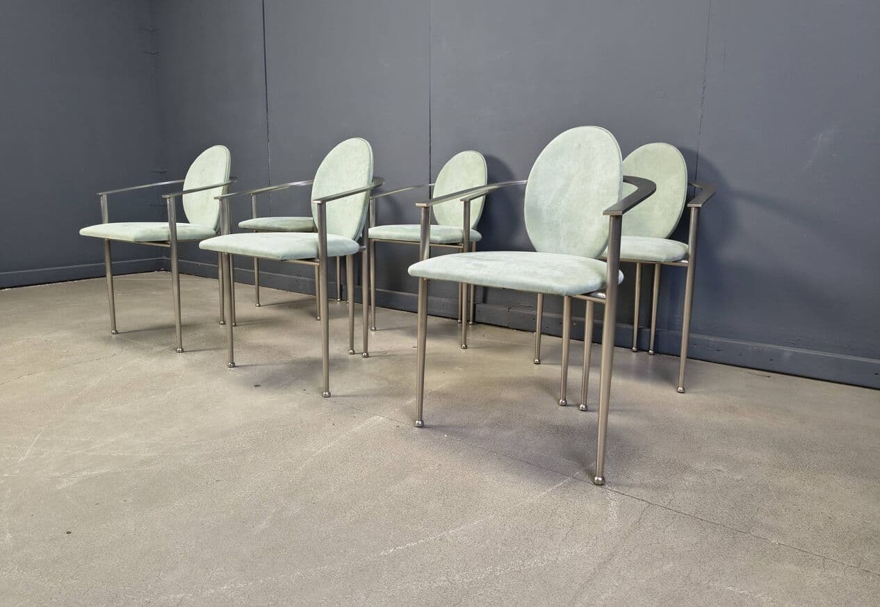 Zestaw sześciu krzeseł jadalnianych, alcantara zielona, stal szczotkowana, Belgia, lata 80. - 275687