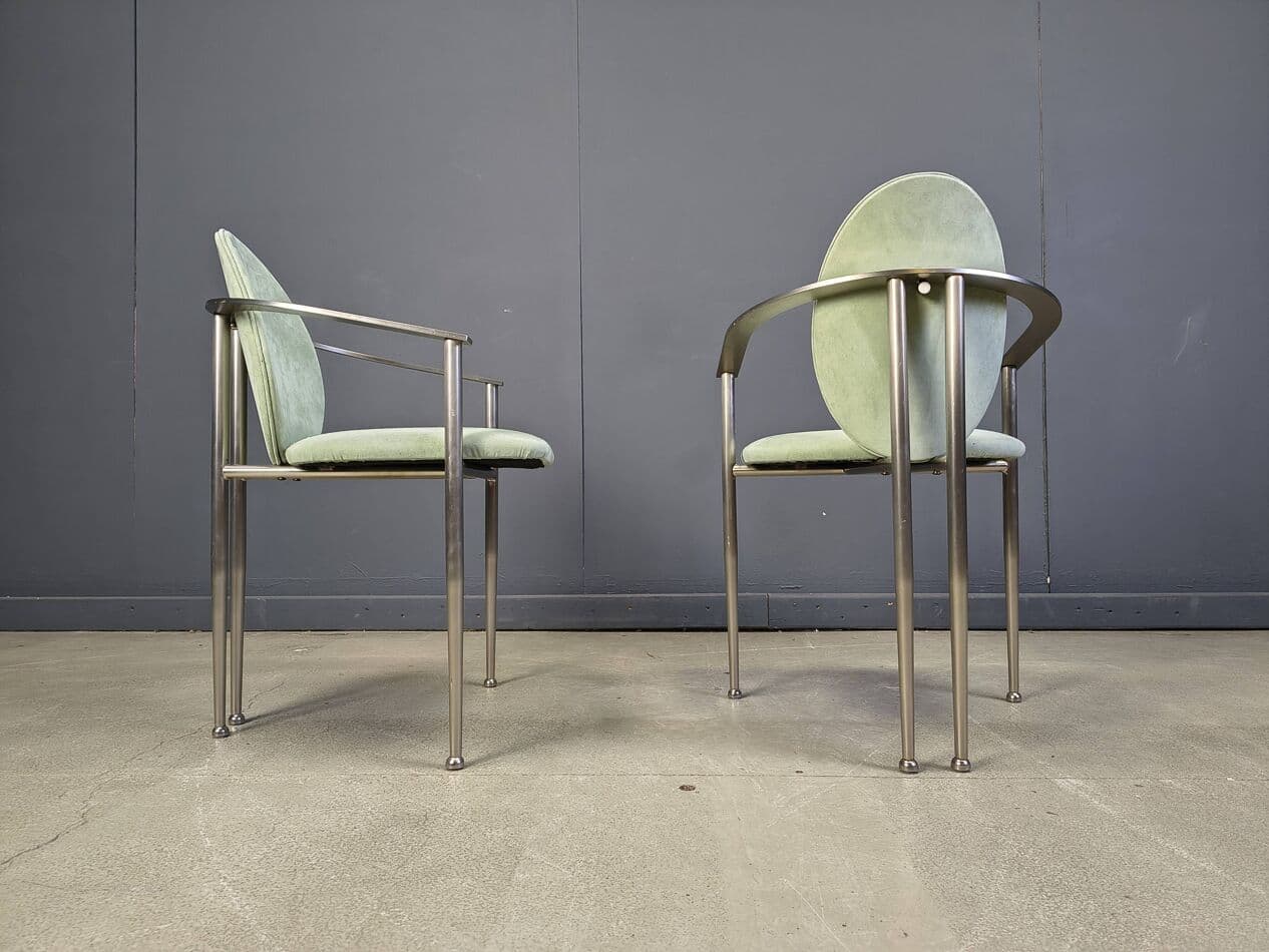 Zestaw sześciu krzeseł jadalnianych, alcantara zielona, stal szczotkowana, Belgia, lata 80. - 275695