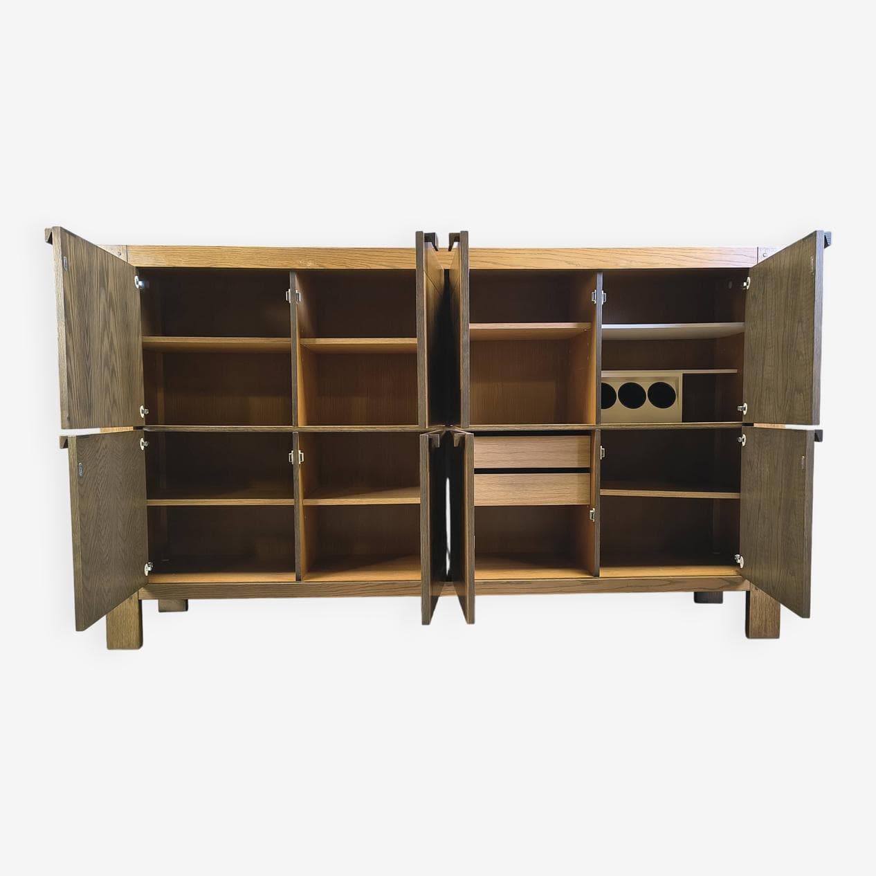 Kredens wysoki, brązowy, dąb, proj. Frans Defour, Belgia, lata 70. - 275658