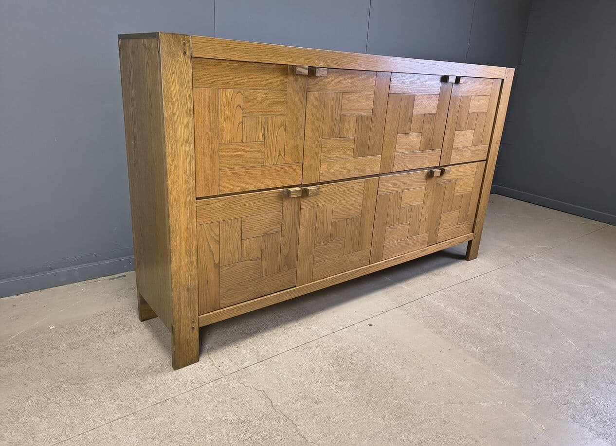 Kredens wysoki, brązowy, dąb, proj. Frans Defour, Belgia, lata 70. - 275666