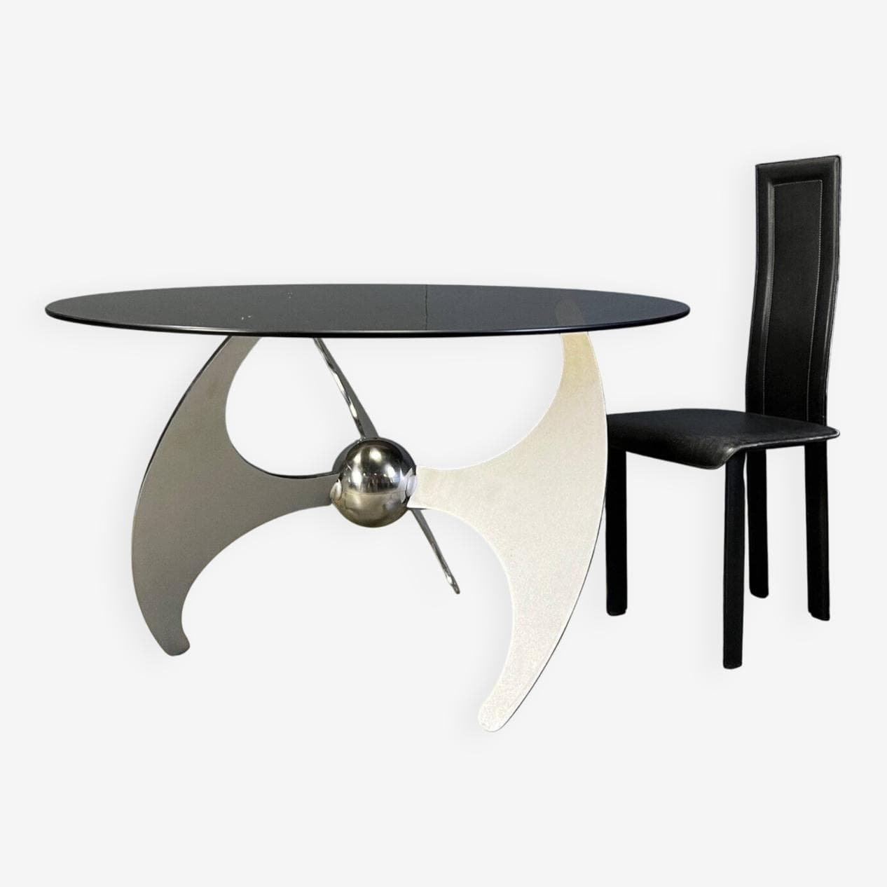 Dining Table Helix, smoked transparent glass, chrome, by L. Campanini, Italy, 1970s. - 275612