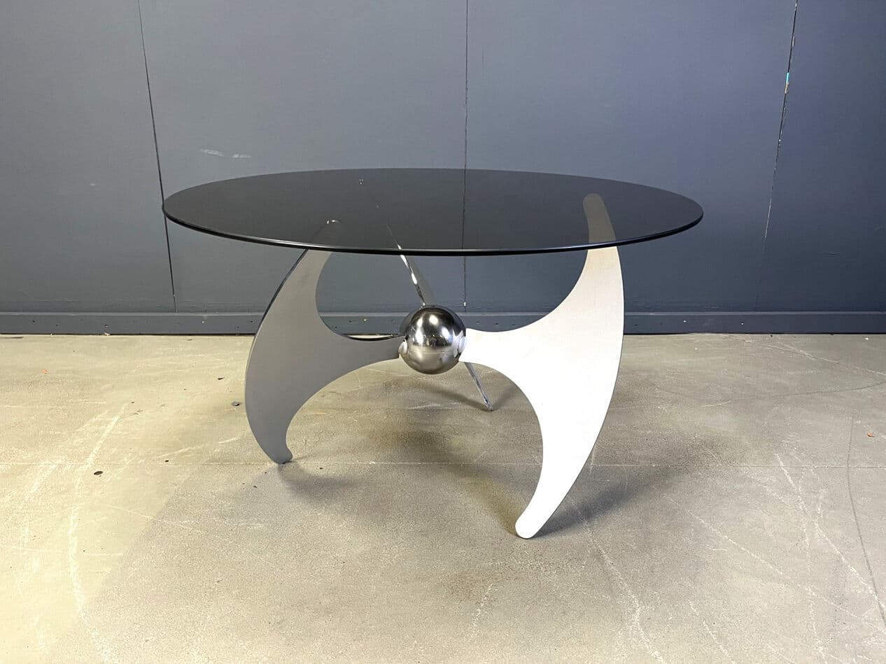 Dining Table Helix, smoked transparent glass, chrome, by L. Campanini, Italy, 1970s. - 275616